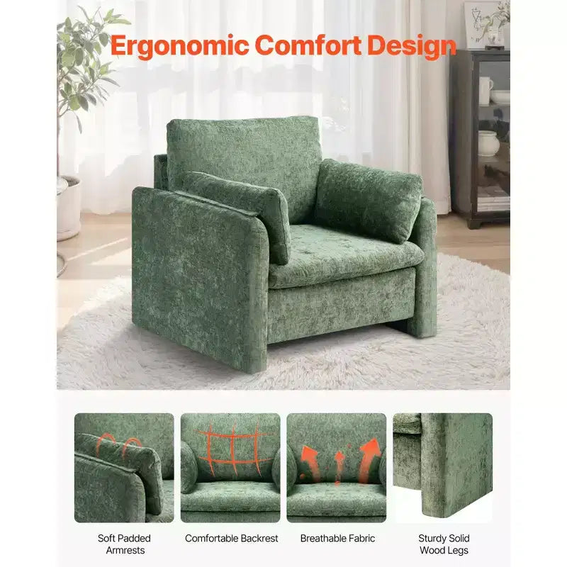 Fauteuil d'appoint moderne rembourré avec accoudoirs et coussin épais pour salon ou chambre - Vert
