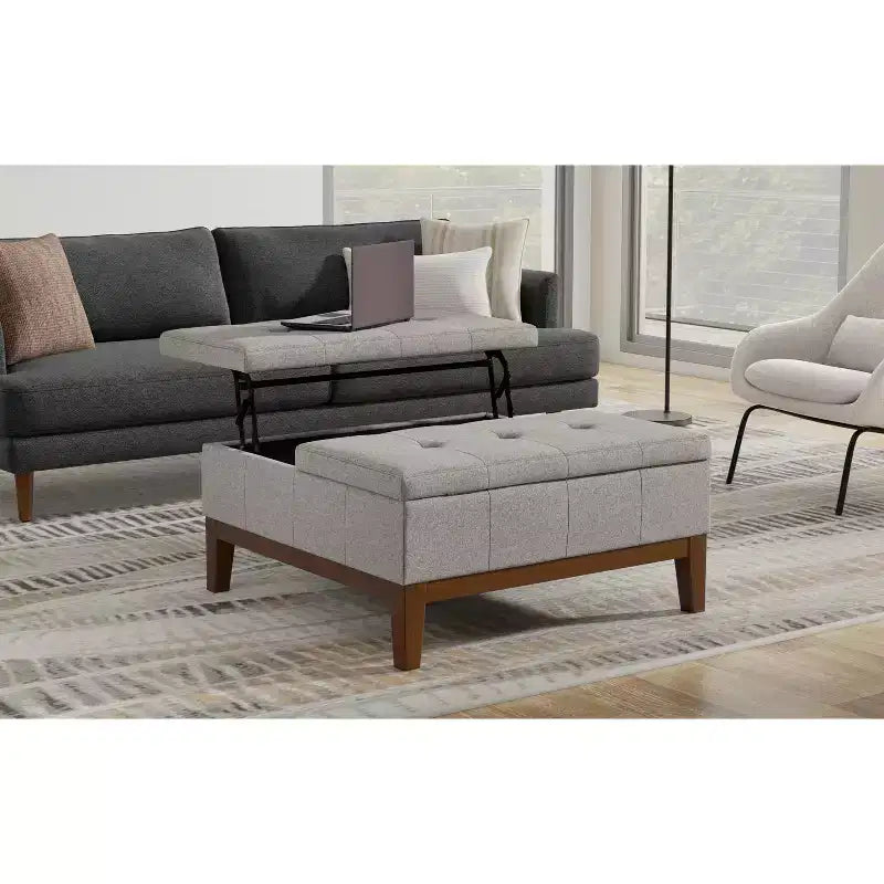 Ottoman de rangement carré contemporain Lancaster de 91 cm de large en lin polyester