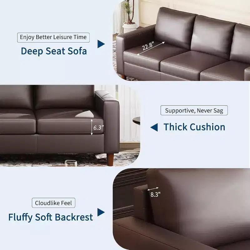 Canapé moderne en cuir Acekool 85 pouces 3 places avec assise profonde pour salon