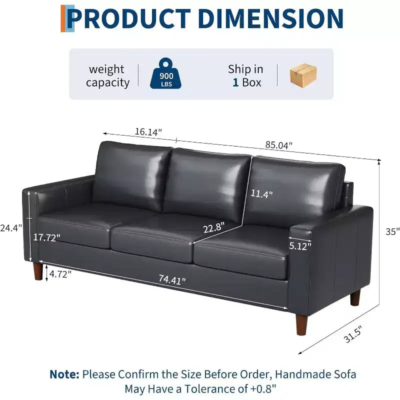 Canapé moderne en cuir Acekool 85 pouces 3 places avec assise profonde pour salon