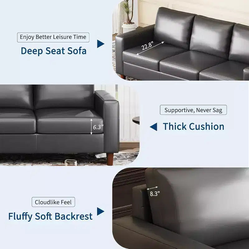 Canapé moderne en cuir Acekool 85 pouces 3 places avec assise profonde pour salon