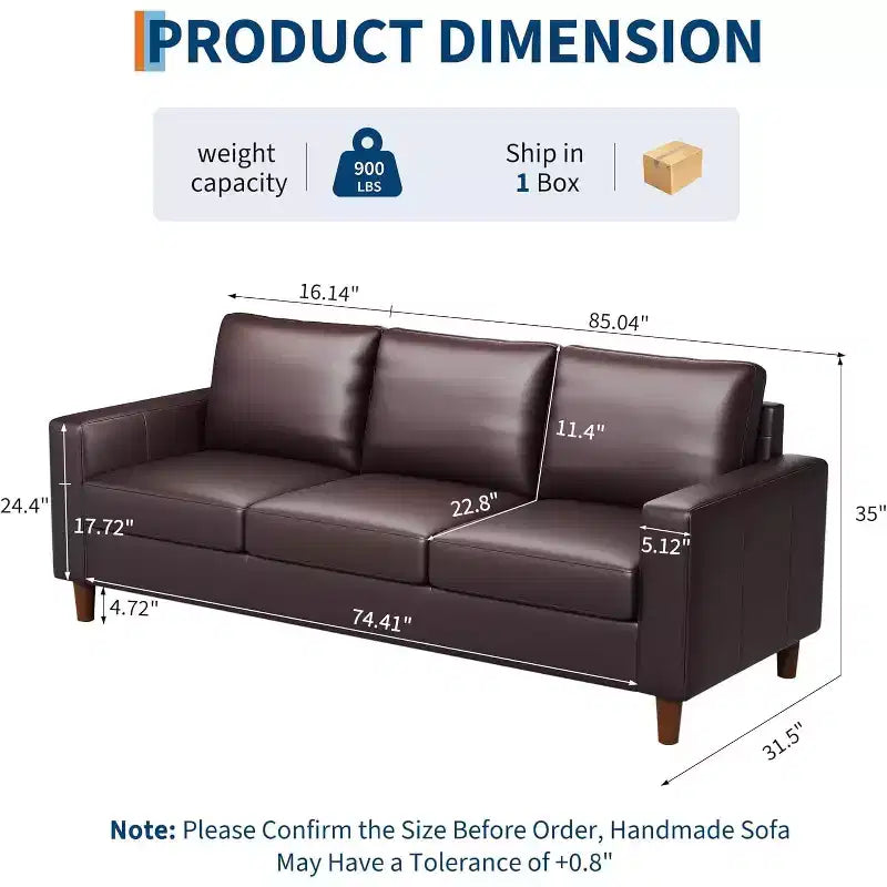 Canapé moderne en cuir Acekool 85 pouces 3 places avec assise profonde pour salon