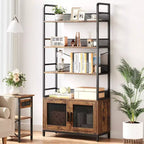 Étagère industrielle avec portes grillagées, bibliothèque de rangement à 4 niveaux avec étagères ouvertes pour salon, chambre, bureau à domicile, marron rustique de style ferme