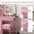 Coiffeuse avec lumière et miroir, Bureau de maquillage pliant, Multiprise, Éclairage réglable, Tiroirs et Tabouret rembourré