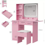 Coiffeuse avec lumière et miroir, Bureau de maquillage pliant, Multiprise, Éclairage réglable, Tiroirs et Tabouret rembourré
