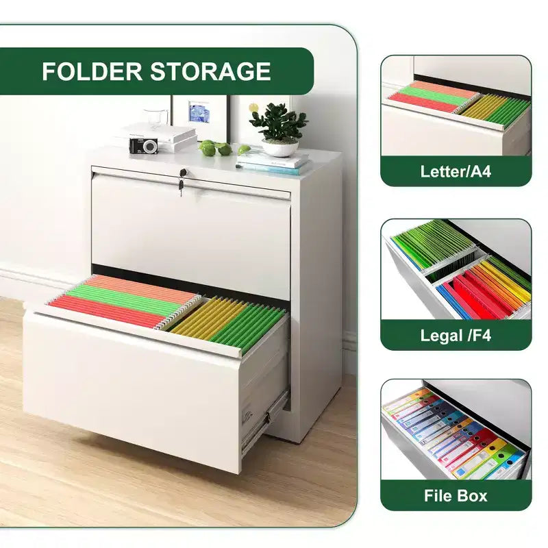 VIYET 27 Armoire de classement latérale à 2 tiroirs avec serrure – Meuble de rangement blanc en acier pour dossiers de format lettre/légal/A4, Bureau à domicile moderne