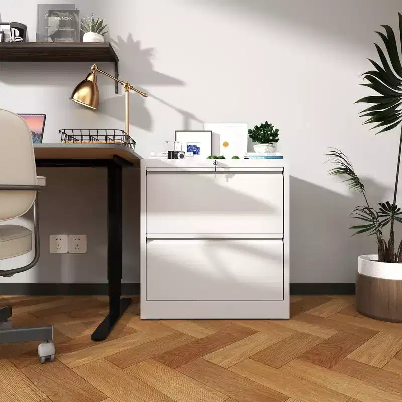 VIYET 27 Armoire de classement latérale à 2 tiroirs avec serrure – Meuble de rangement blanc en acier pour dossiers de format lettre/légal/A4, Bureau à domicile moderne