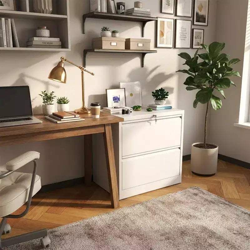 VIYET 27 Armoire de classement latérale à 2 tiroirs avec serrure – Meuble de rangement blanc en acier pour dossiers de format lettre/légal/A4, Bureau à domicile moderne