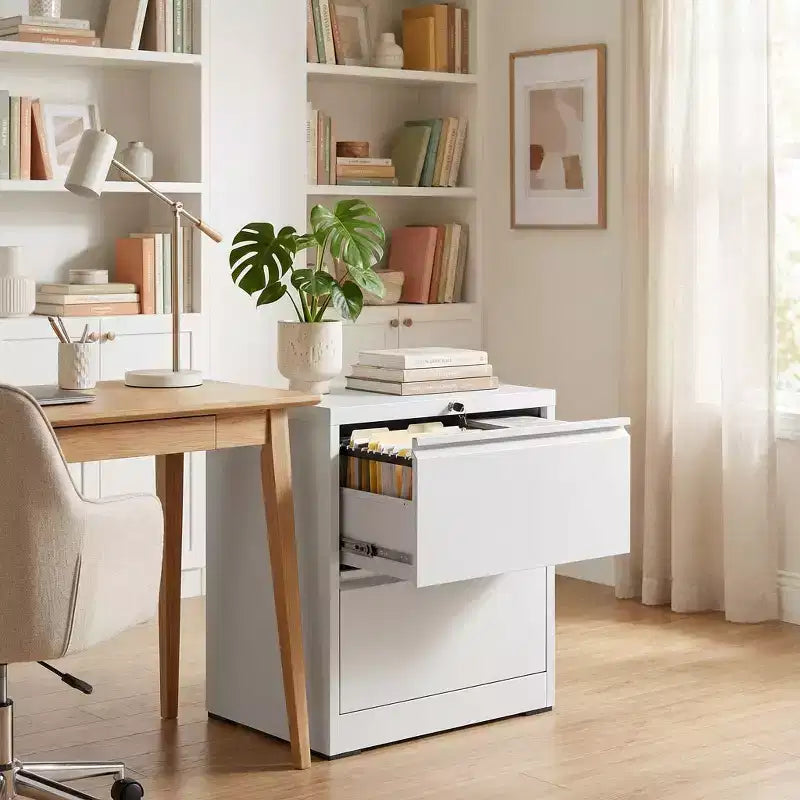 VIYET 27 Armoire de classement latérale à 2 tiroirs avec serrure – Meuble de rangement blanc en acier pour dossiers de format lettre/légal/A4, Bureau à domicile moderne