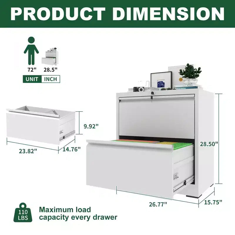VIYET 27 Armoire de classement latérale à 2 tiroirs avec serrure – Meuble de rangement blanc en acier pour dossiers de format lettre/légal/A4, Bureau à domicile moderne