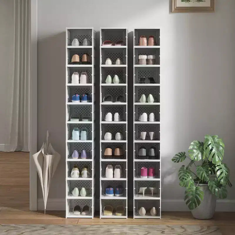 Boîtes à chaussures empilables en plastique, lot de 10 boîtes de rangement à chaussures pliables avec porte transparente, aucun assemblage requis, conviennent jusqu'à la pointure 44
