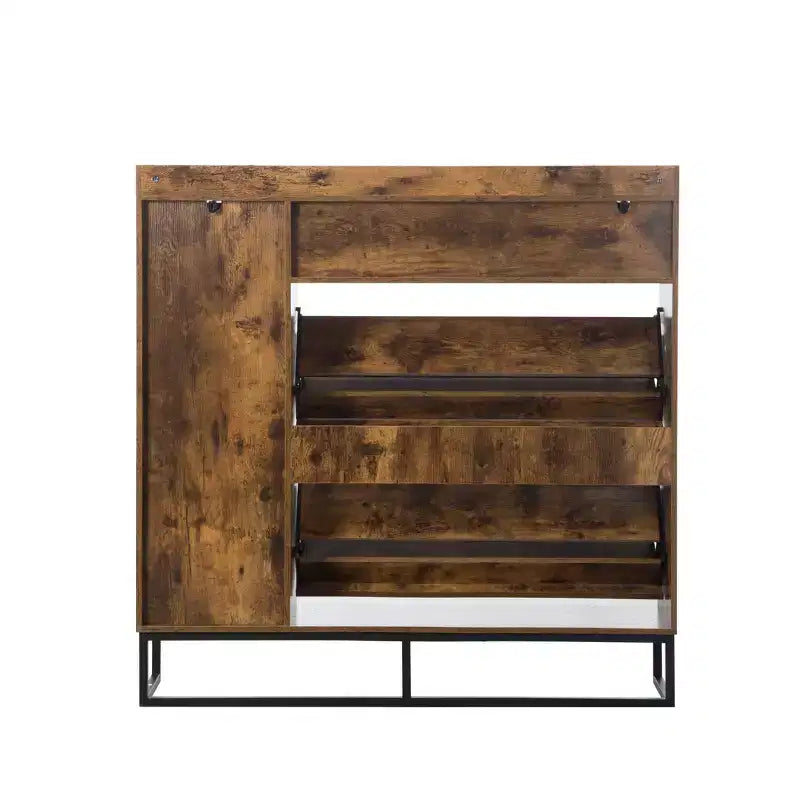 AEELLEEA Armoire à chaussures rustique marron 4 portes : Organiseur d'entrée style ferme avec tiroirs basculants