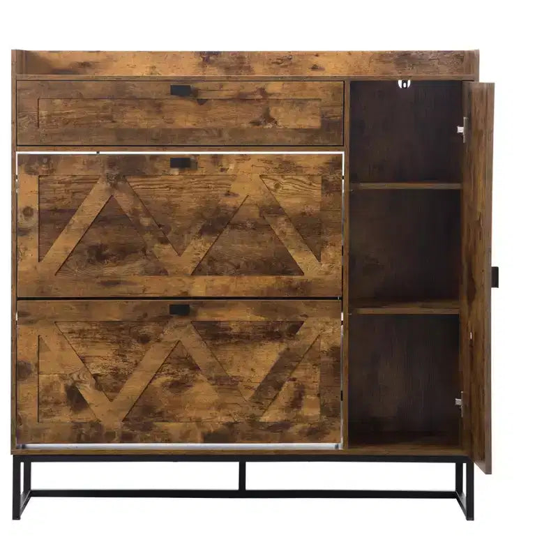 AEELLEEA Armoire à chaussures rustique marron 4 portes : Organiseur d'entrée style ferme avec tiroirs basculants