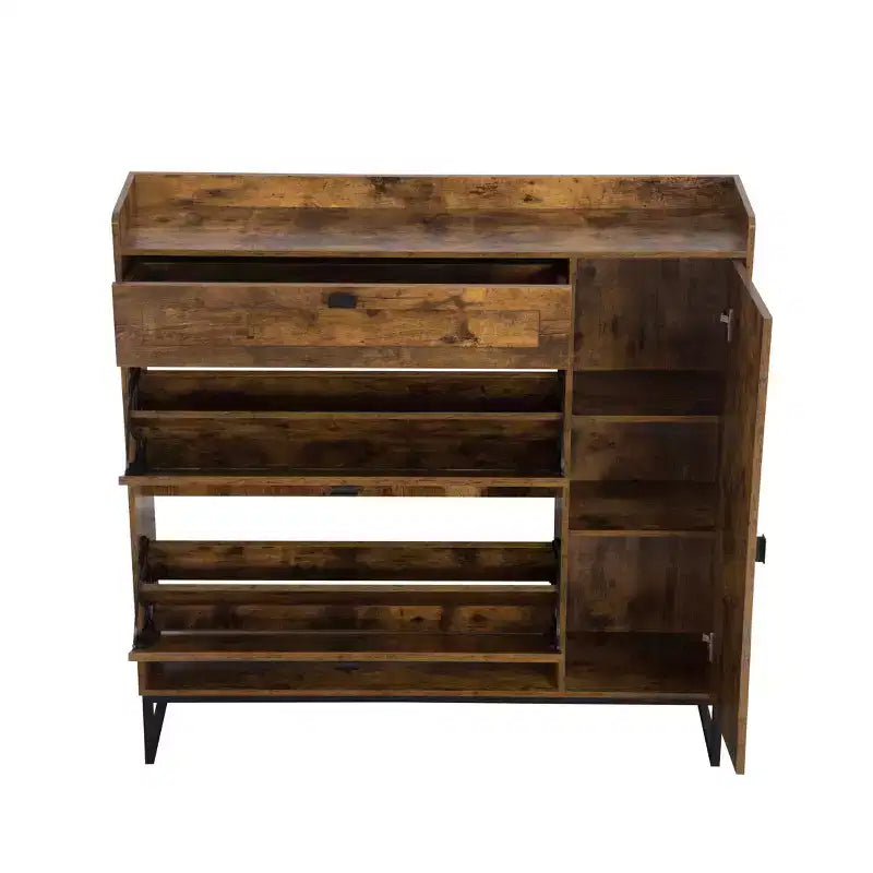 AEELLEEA Armoire à chaussures rustique marron 4 portes : Organiseur d'entrée style ferme avec tiroirs basculants