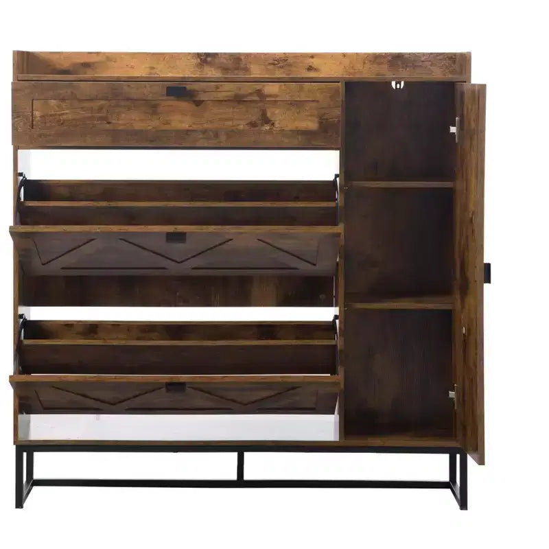 AEELLEEA Armoire à chaussures rustique marron 4 portes : Organiseur d'entrée style ferme avec tiroirs basculants