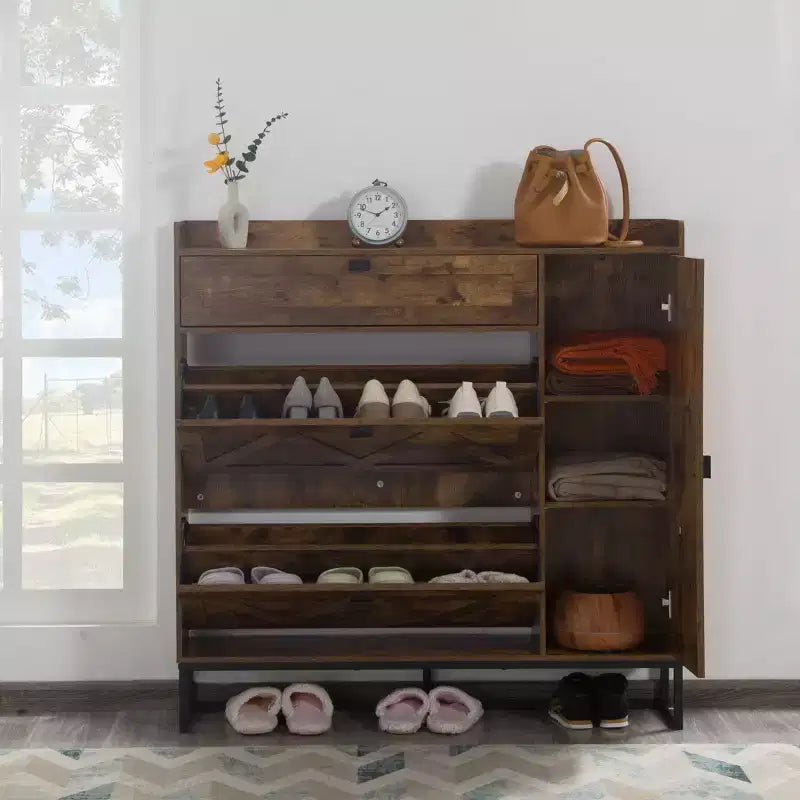 AEELLEEA Armoire à chaussures rustique marron 4 portes : Organiseur d'entrée style ferme avec tiroirs basculants