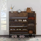 AEELLEEA Armoire à chaussures rustique marron 4 portes : Organiseur d'entrée style ferme avec tiroirs basculants