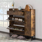 AEELLEEA Armoire à chaussures rustique marron 4 portes : Organiseur d'entrée style ferme avec tiroirs basculants