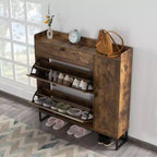 AEELLEEA Armoire à chaussures rustique marron 4 portes : Organiseur d'entrée style ferme avec tiroirs basculants