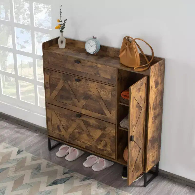 AEELLEEA Armoire à chaussures rustique marron 4 portes : Organiseur d'entrée style ferme avec tiroirs basculants