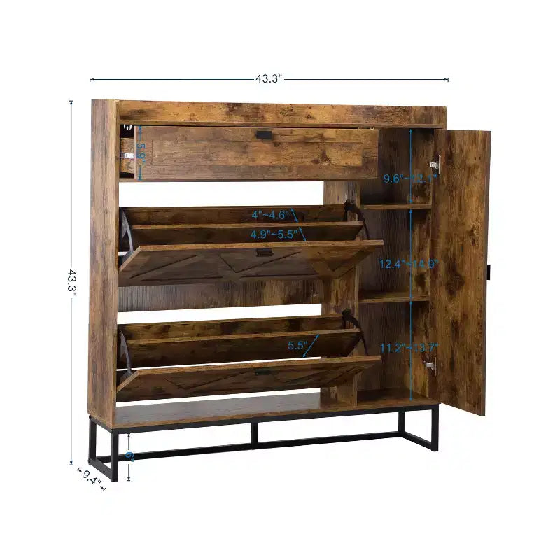 AEELLEEA Armoire à chaussures rustique marron 4 portes : Organiseur d'entrée style ferme avec tiroirs basculants