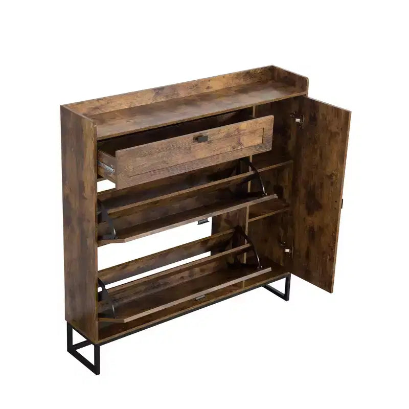 AEELLEEA Armoire à chaussures rustique marron 4 portes : Organiseur d'entrée style ferme avec tiroirs basculants
