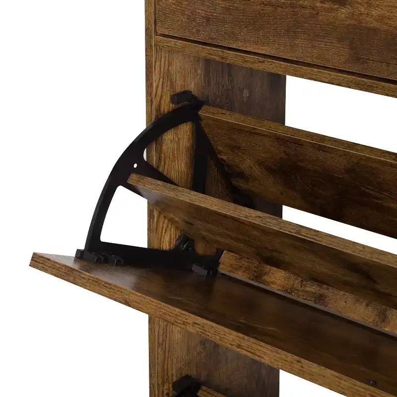 AEELLEEA Armoire à chaussures rustique marron 4 portes : Organiseur d'entrée style ferme avec tiroirs basculants