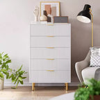 Acekool Commode Blanche à 5 Tiroirs pour Chambre à Coucher, Commode de Rangement Moderne avec Poignées Dorées, Grands Tiroirs, Meuble de Rangement pour Salon, Couloir, Bureau