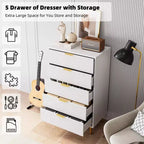 Acekool Commode Blanche à 5 Tiroirs pour Chambre à Coucher, Commode de Rangement Moderne avec Poignées Dorées, Grands Tiroirs, Meuble de Rangement pour Salon, Couloir, Bureau