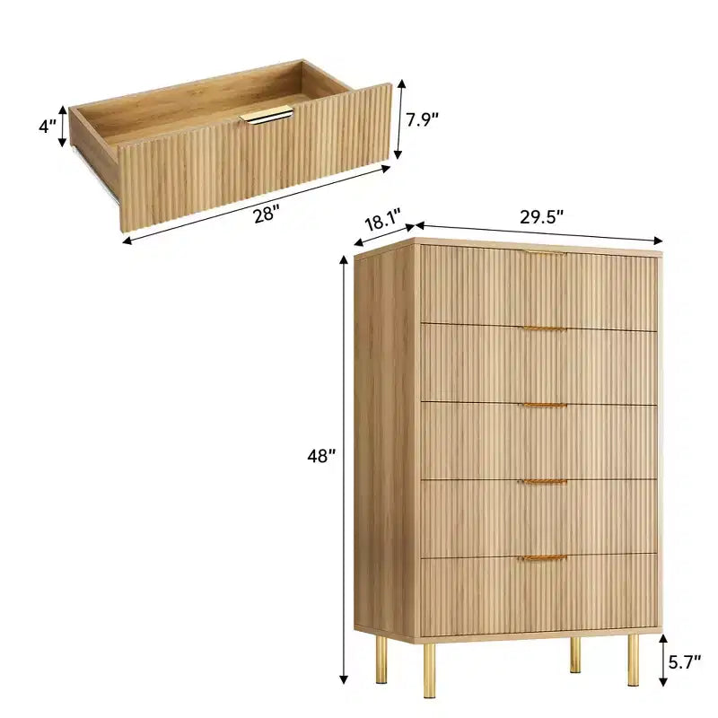 Acekool Commode Blanche à 5 Tiroirs pour Chambre à Coucher, Commode de Rangement Moderne avec Poignées Dorées, Grands Tiroirs, Meuble de Rangement pour Salon, Couloir, Bureau
