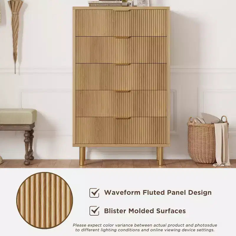 Acekool Commode Blanche à 5 Tiroirs pour Chambre à Coucher, Commode de Rangement Moderne avec Poignées Dorées, Grands Tiroirs, Meuble de Rangement pour Salon, Couloir, Bureau