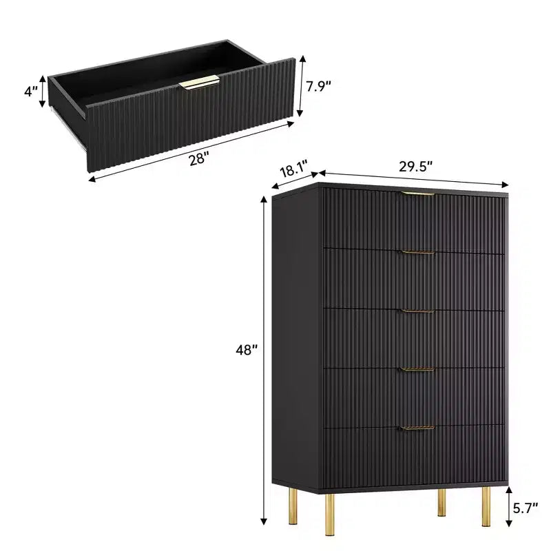 Acekool Commode Blanche à 5 Tiroirs pour Chambre à Coucher, Commode de Rangement Moderne avec Poignées Dorées, Grands Tiroirs, Meuble de Rangement pour Salon, Couloir, Bureau