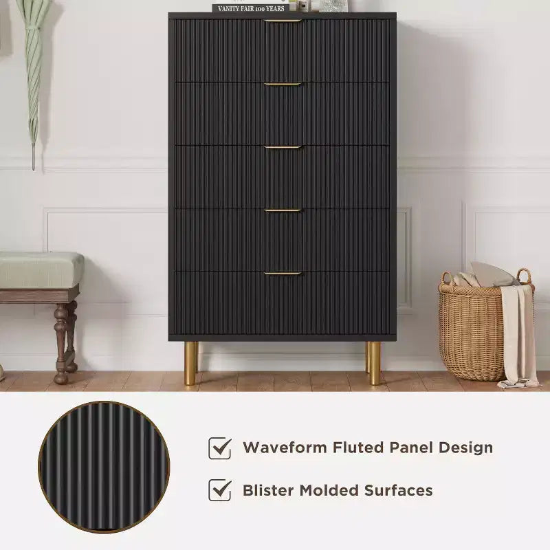 Acekool Commode Blanche à 5 Tiroirs pour Chambre à Coucher, Commode de Rangement Moderne avec Poignées Dorées, Grands Tiroirs, Meuble de Rangement pour Salon, Couloir, Bureau
