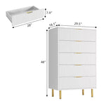 Acekool Commode Blanche à 5 Tiroirs pour Chambre à Coucher, Commode de Rangement Moderne avec Poignées Dorées, Grands Tiroirs, Meuble de Rangement pour Salon, Couloir, Bureau