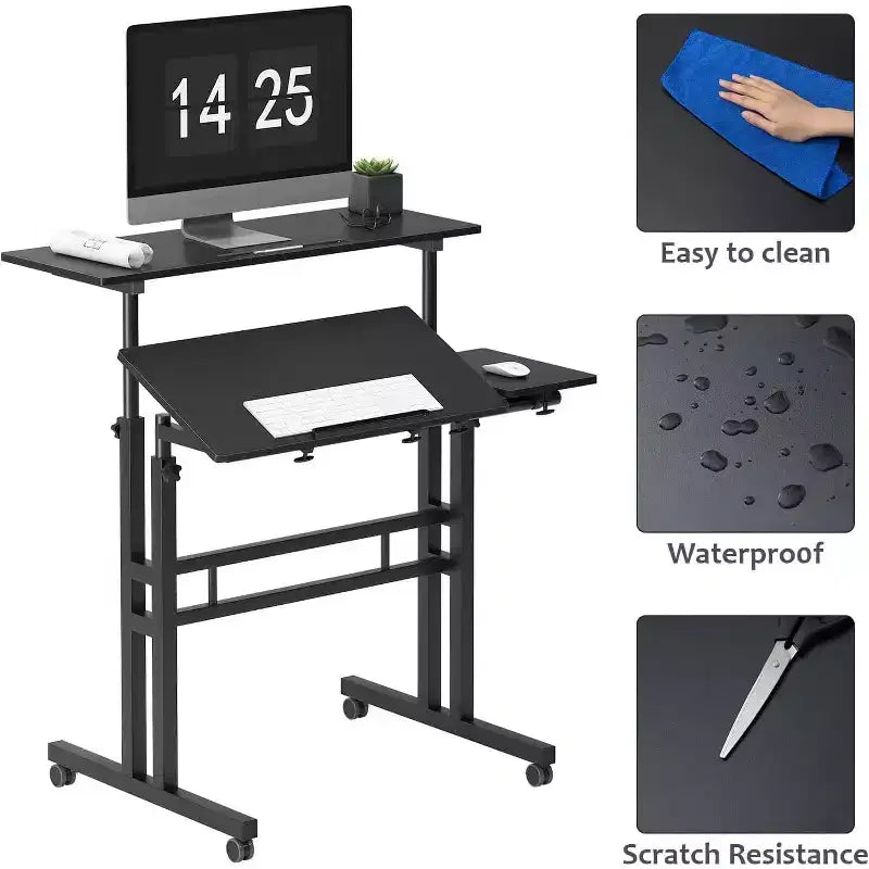 Bureau mobile noir 31 réglable en hauteur avec roulettes pour la maison/le bureau/le tapis de marche