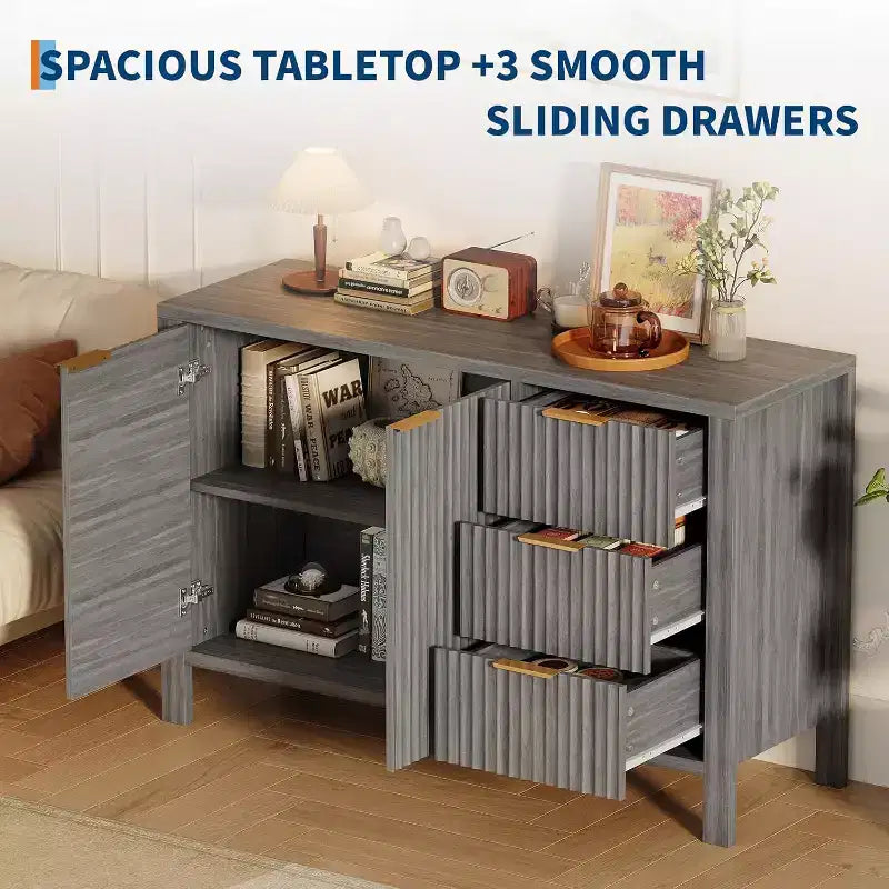 Buffet de rangement Acekool Modern Fluted à 3 tiroirs, meuble de rangement pour cuisine ou salon