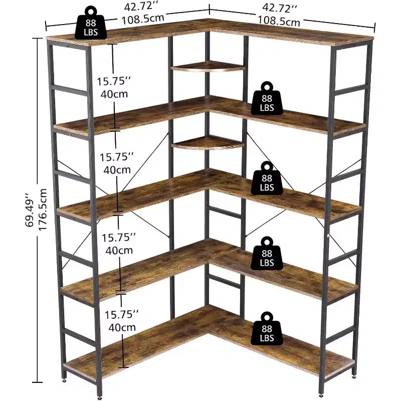 Étagère d'angle à 5 niveaux, bibliothèque industrielle en bois en forme de L, grande étagère de rangement avec cadre en métal, pour bureau, salon, cuisine