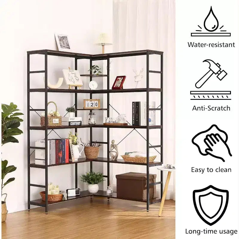 Étagère d'angle à 5 niveaux, bibliothèque industrielle en bois en forme de L, grande étagère de rangement avec cadre en métal, pour bureau, salon, cuisine