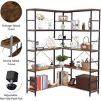 Étagère d'angle à 5 niveaux, bibliothèque industrielle en bois en forme de L, grande étagère de rangement avec cadre en métal, pour bureau, salon, cuisine