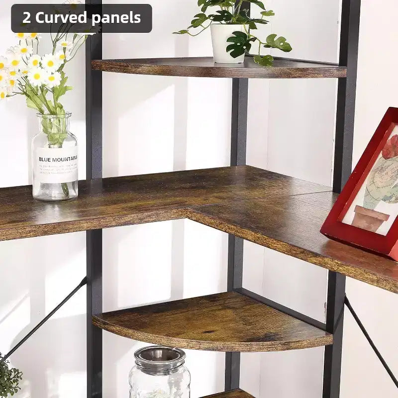 Étagère d'angle à 5 niveaux, bibliothèque industrielle en bois en forme de L, grande étagère de rangement avec cadre en métal, pour bureau, salon, cuisine