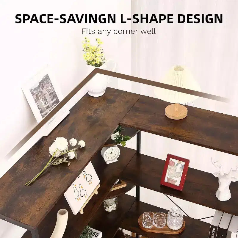 Étagère d'angle à 5 niveaux, bibliothèque industrielle en bois en forme de L, grande étagère de rangement avec cadre en métal, pour bureau, salon, cuisine