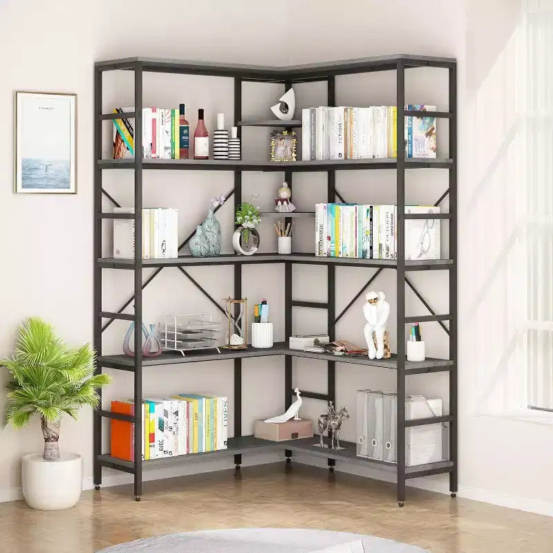 Étagère d'angle à 5 niveaux, bibliothèque industrielle en bois en forme de L, grande étagère de rangement avec cadre en métal, pour bureau, salon, cuisine
