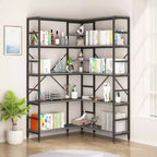 Étagère d'angle à 5 niveaux, bibliothèque industrielle en bois en forme de L, grande étagère de rangement avec cadre en métal, pour bureau, salon, cuisine