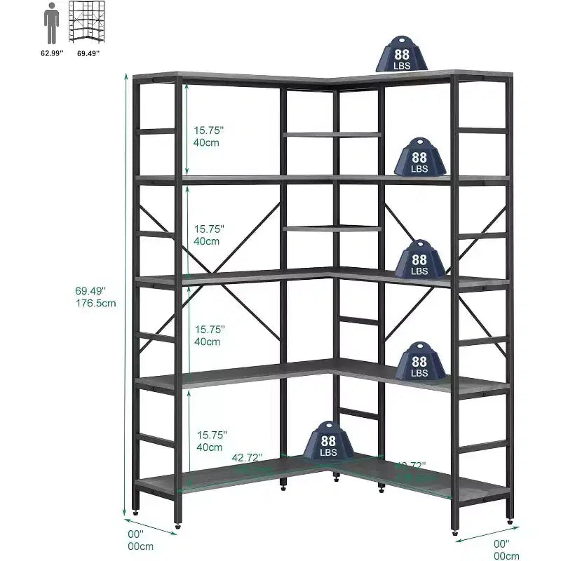 Étagère d'angle à 5 niveaux, bibliothèque industrielle en bois en forme de L, grande étagère de rangement avec cadre en métal, pour bureau, salon, cuisine