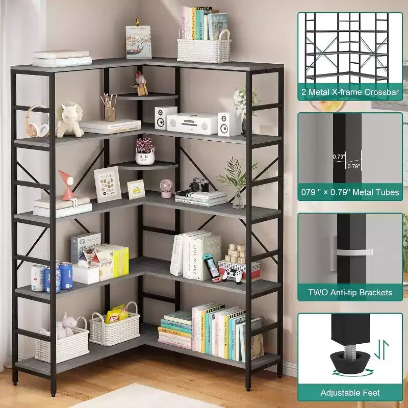 Étagère d'angle à 5 niveaux, bibliothèque industrielle en bois en forme de L, grande étagère de rangement avec cadre en métal, pour bureau, salon, cuisine