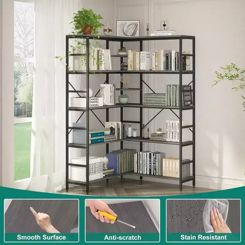 Étagère d'angle à 5 niveaux, bibliothèque industrielle en bois en forme de L, grande étagère de rangement avec cadre en métal, pour bureau, salon, cuisine