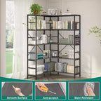 Étagère d'angle à 5 niveaux, bibliothèque industrielle en bois en forme de L, grande étagère de rangement avec cadre en métal, pour bureau, salon, cuisine