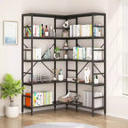 Étagère d'angle à 5 niveaux, bibliothèque industrielle en bois en forme de L, grande étagère de rangement avec cadre en métal, pour bureau, salon, cuisine