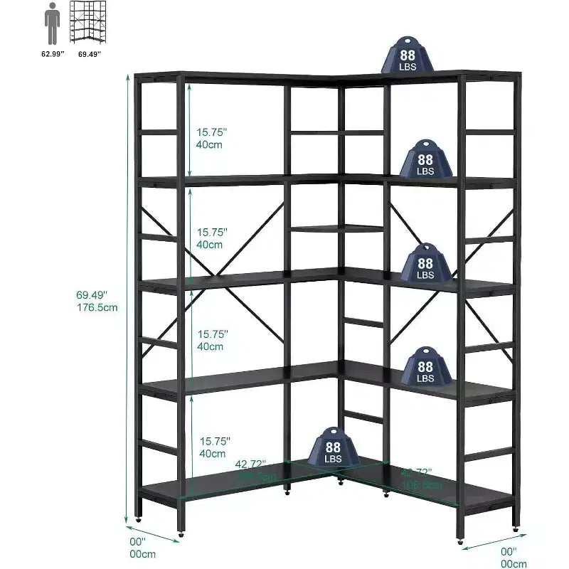 Étagère d'angle à 5 niveaux, bibliothèque industrielle en bois en forme de L, grande étagère de rangement avec cadre en métal, pour bureau, salon, cuisine