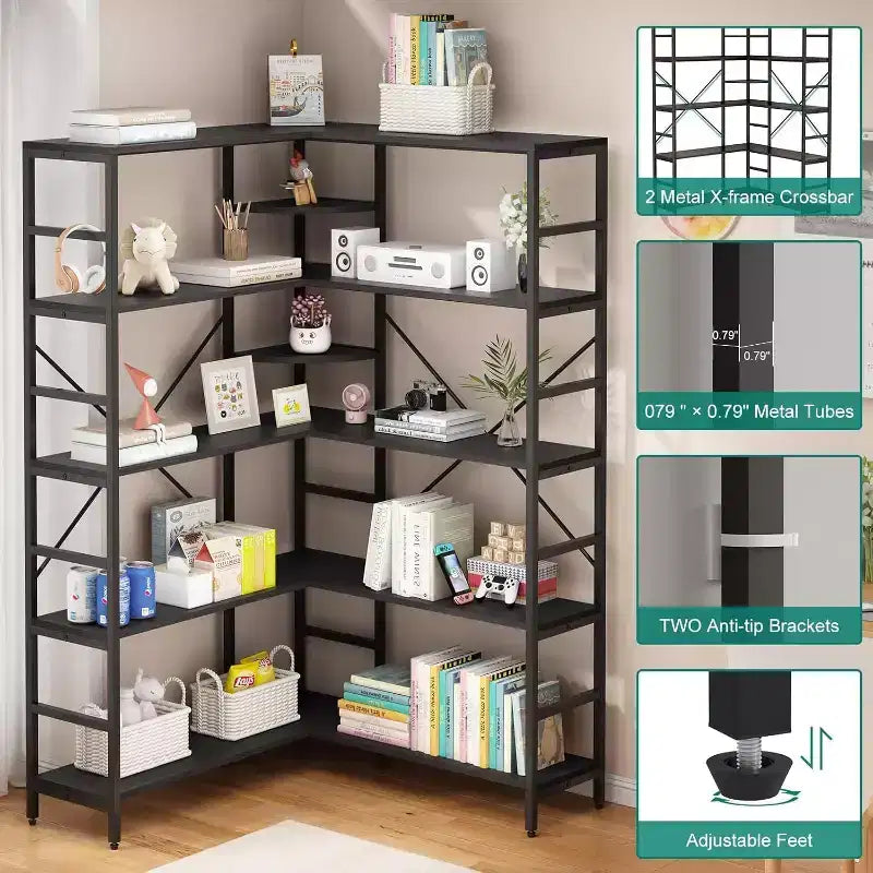 Étagère d'angle à 5 niveaux, bibliothèque industrielle en bois en forme de L, grande étagère de rangement avec cadre en métal, pour bureau, salon, cuisine